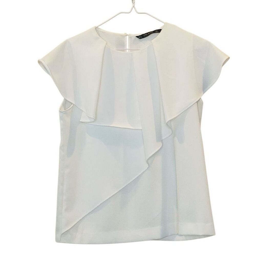 Zara Basic Collection Keyhole Back Ruffle Chiffon Layered Blouse White Small